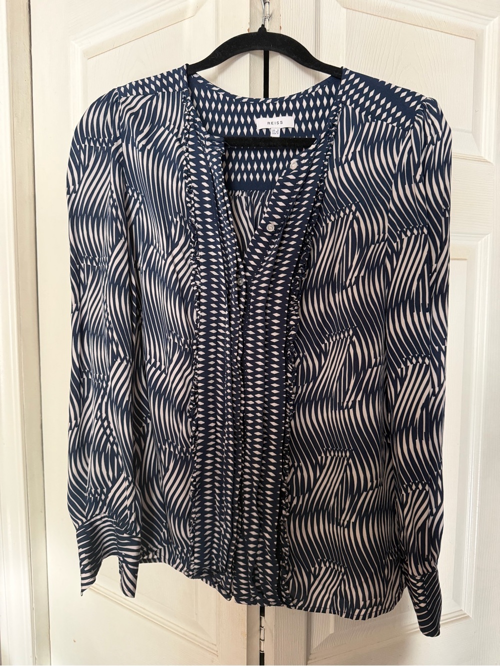 Reiss Navy & White Abstract Wave-Print Long Sleeve Blouse